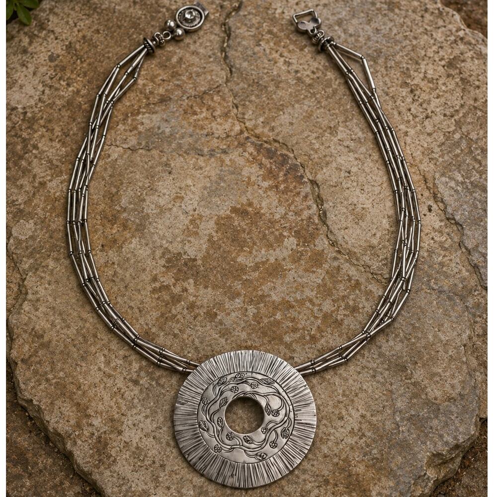 Vintage Artisan Silver-Tone Multi-Strand Necklace with Engraved Round Pendant